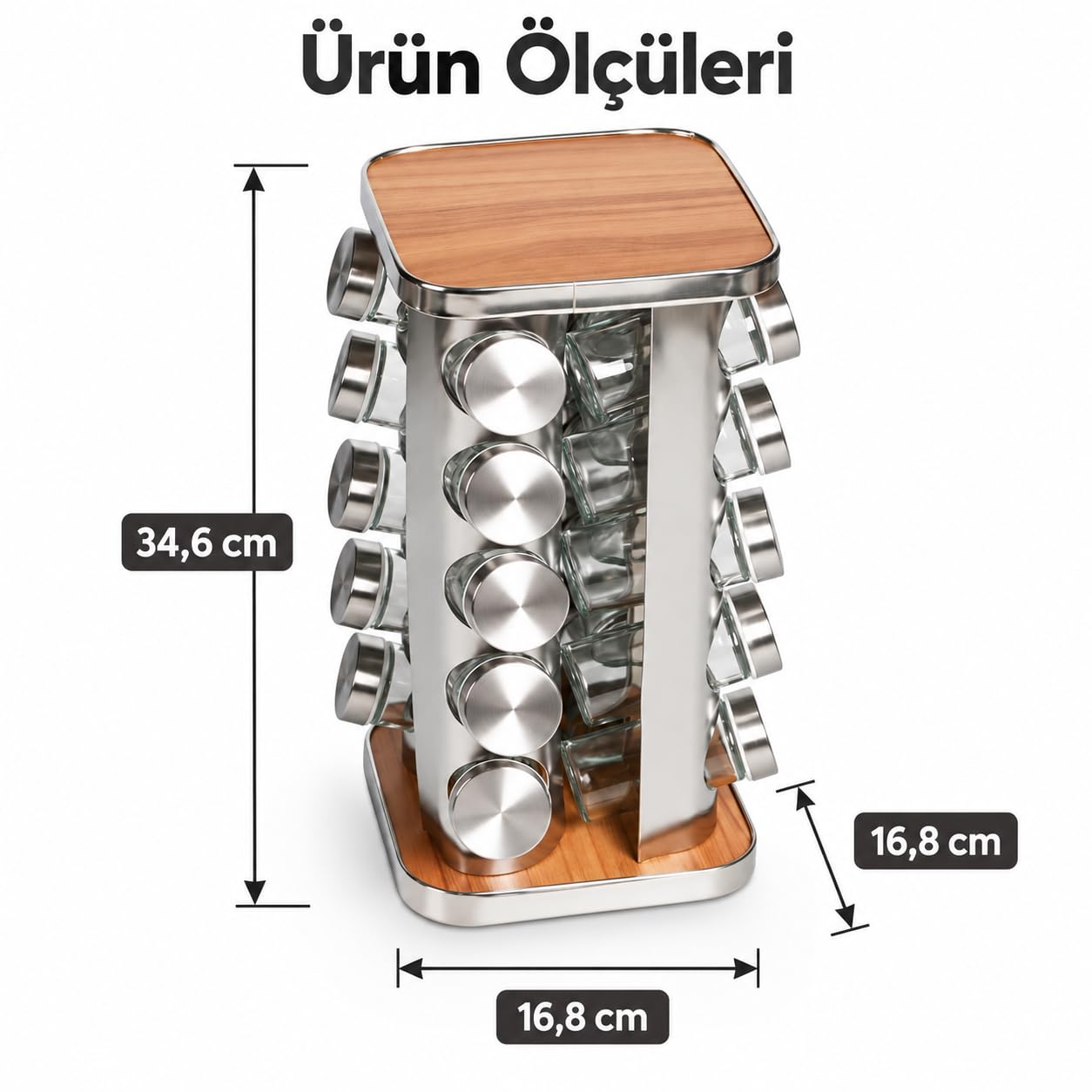 20’li Ahşap Detaylı Döner Baharatlık Seti, Paslanmaz Çelik Gövde, Cam Kavanozlu 360° Döner Stand, Kare Tasarım, Modern Mutfak Organizeri
