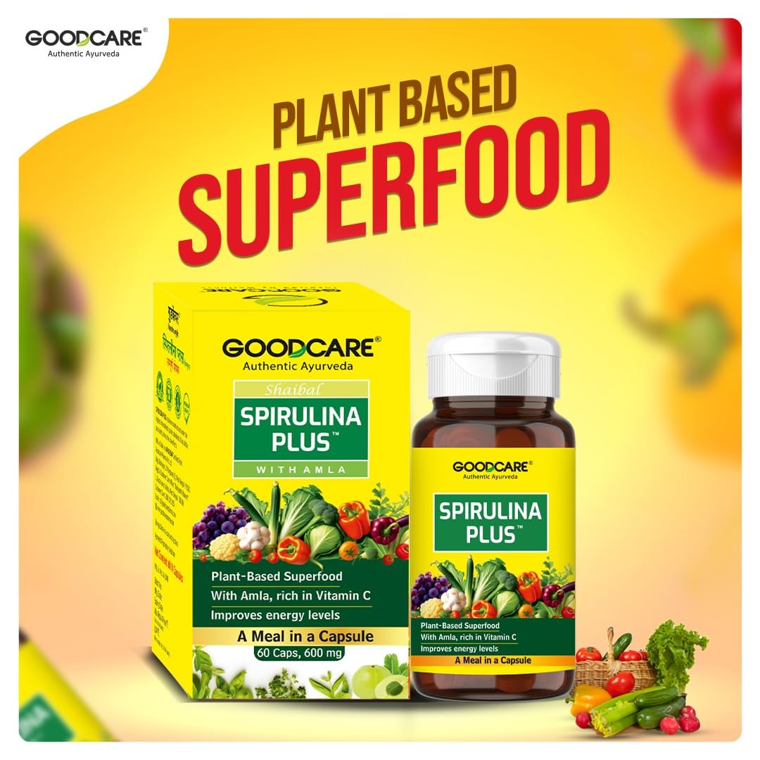Goodcare Spirulina Plus 60 Capsules | Ayurvedic Superfood with Amla & Vitamin C | Boosts Energy, Immunity & Metabolism | Supports Weight Management - Image 2 thumbnail