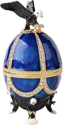 Miniatura 2 de Furuida Faberge - Caja de joyería decorativa con diseño de águila de huevo con bisagras esmaltadas para decoración del hogar (azul)