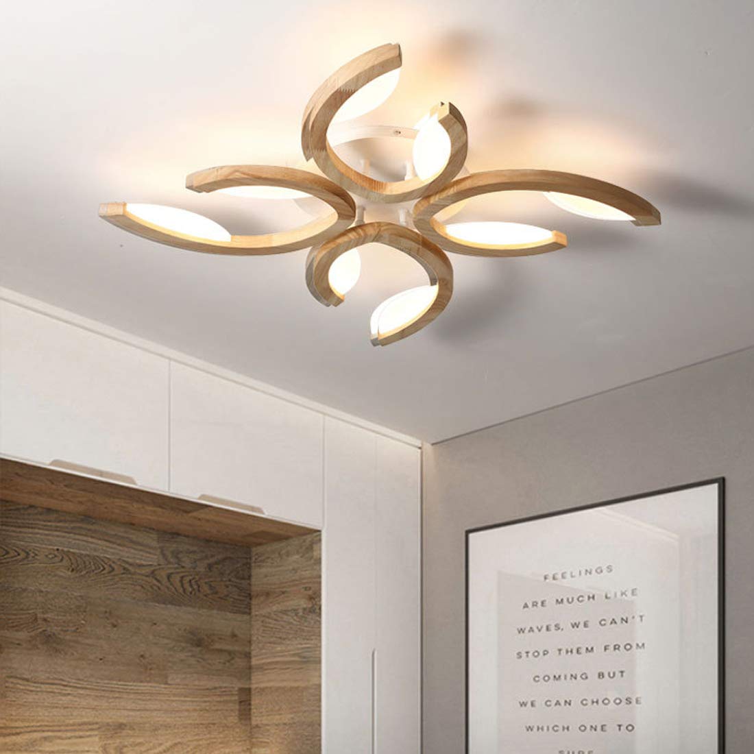 lampada da soffitto legno LED, plafoniera luce bianca calda per salotto, lampadario camera da letto, lampade design floreale, lampada da cucina, paralume decorativo in acrilico, Ø72cm, 24W, 1800lm