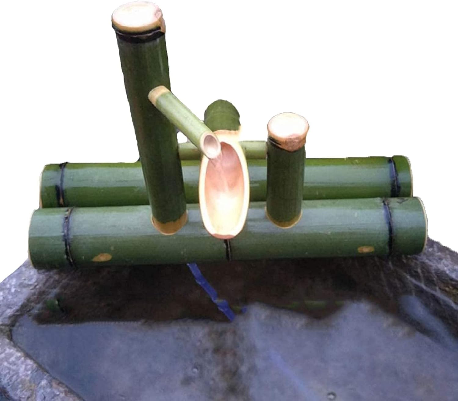 2-Tier Bamboo Fountain with Pump, Handmade Decorative Waterfall for Outdoor Garden, 55cm, Natural Bamboo Water Feature