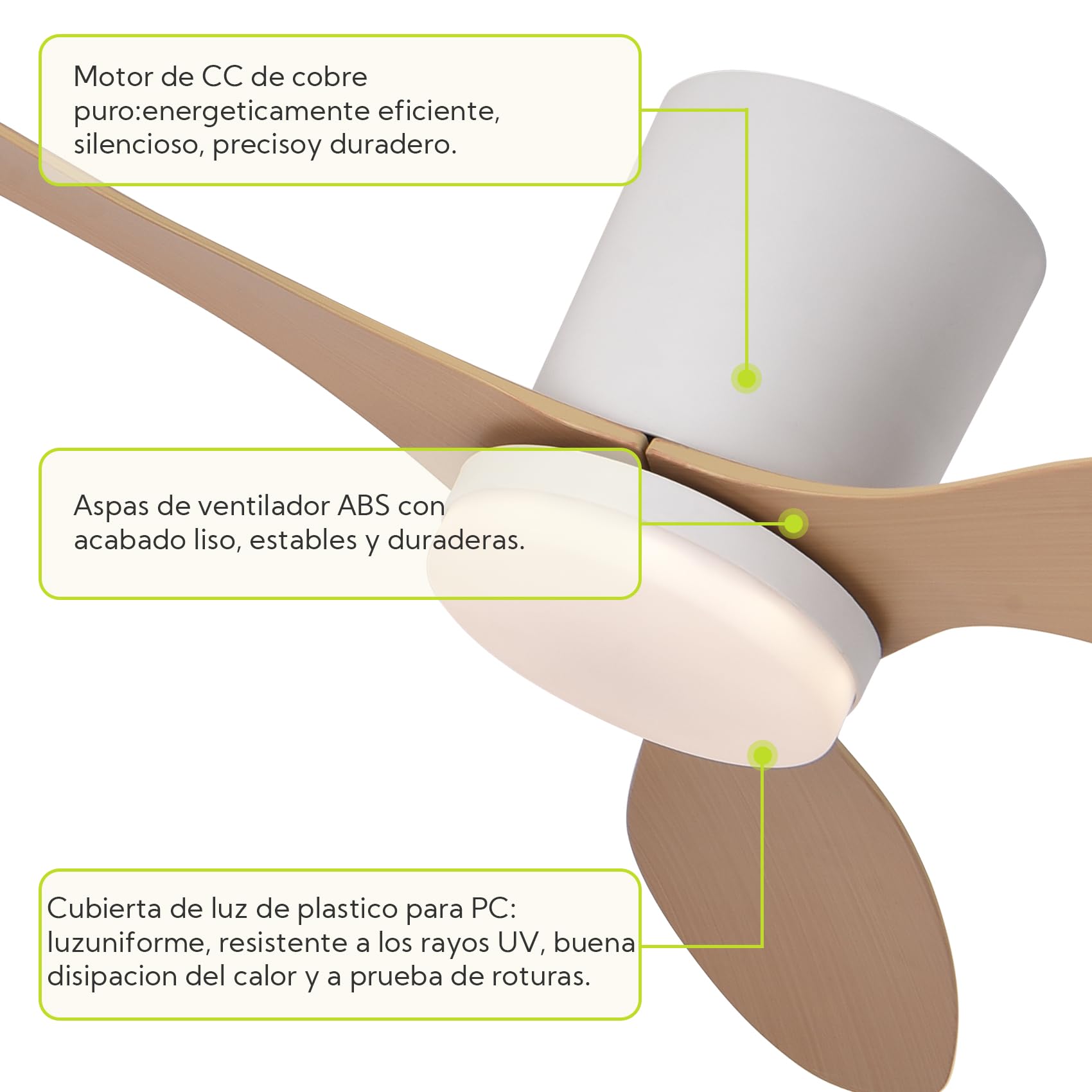 Ventilador de Techo Grande con Luz y Mando 132cm (52"), Motor DC Silencioso, 3 Aspas Plástico Efecto Madera Clara, LED Regulable, Estilo Nórdico para Salón, Blanco y Madera