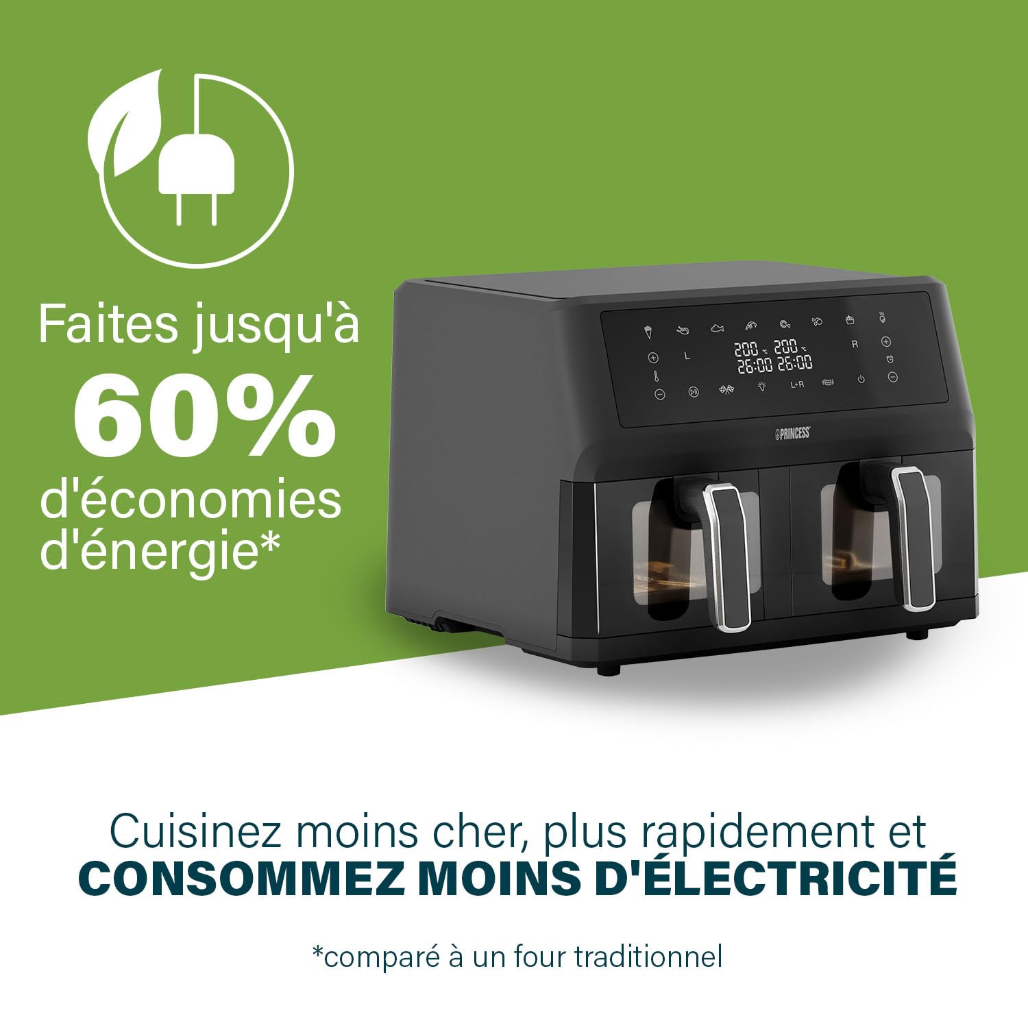 Princess XXL friteuse sans huile à double panier - 11 L - Sans BPA ni PFAS - Fin de cuisson synchronisée - 8 programmes - Hublot - 2 400 W - 182276