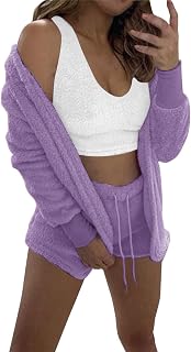 BGKKTLW Women's Fuzzy 3 Piece Sweatsuit Open Front Cardigan Crop Tank Tops Drawstring Shorts Pants Lounge Sets Home Wear