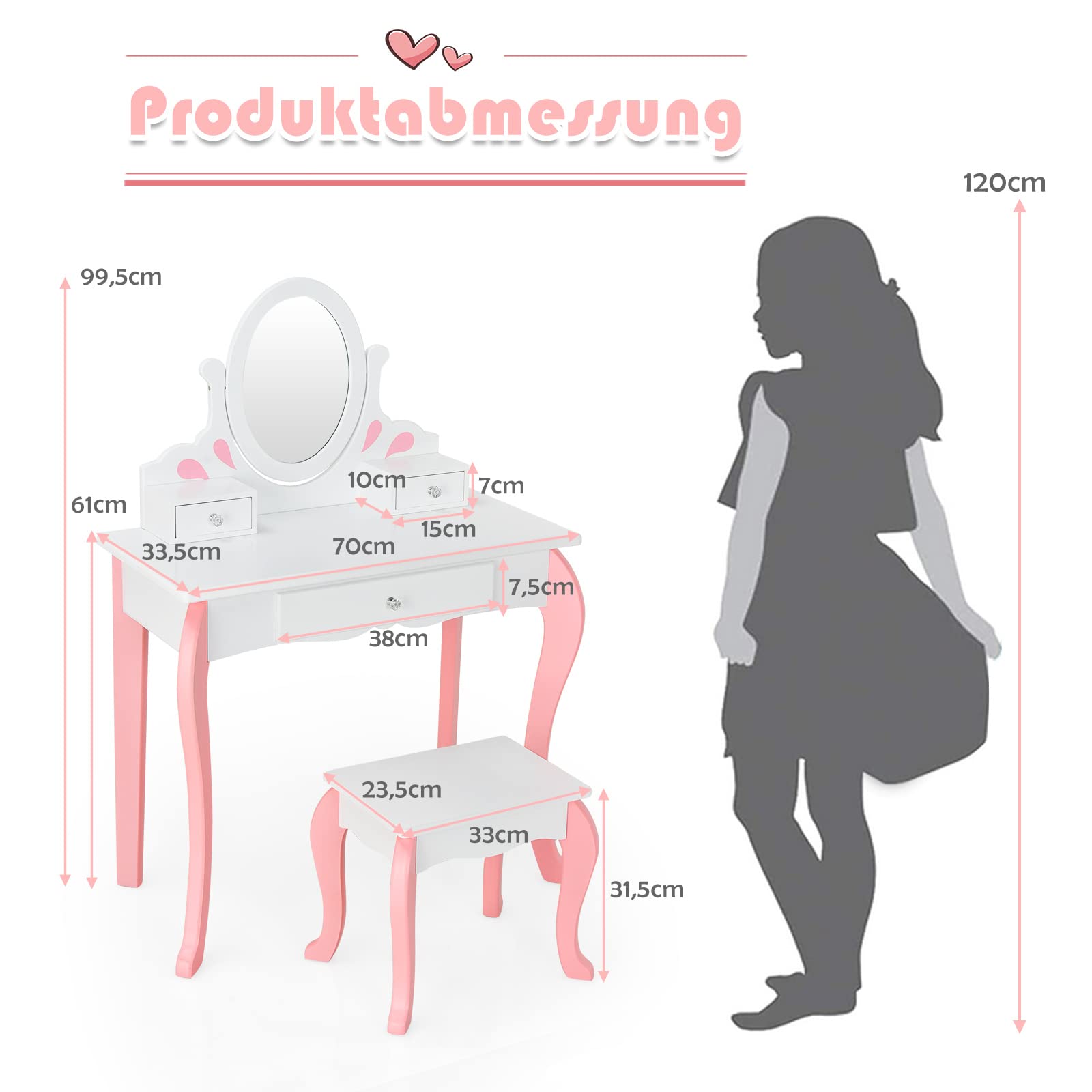 COSTWAY Kinder Schminktisch mit Hocker, Prinzessin Frisiertisch mit 3 Schublade & 360 ° drehbarem Spiegel, Frisierkommode Schminkkommode für Mädchen (Weiß)