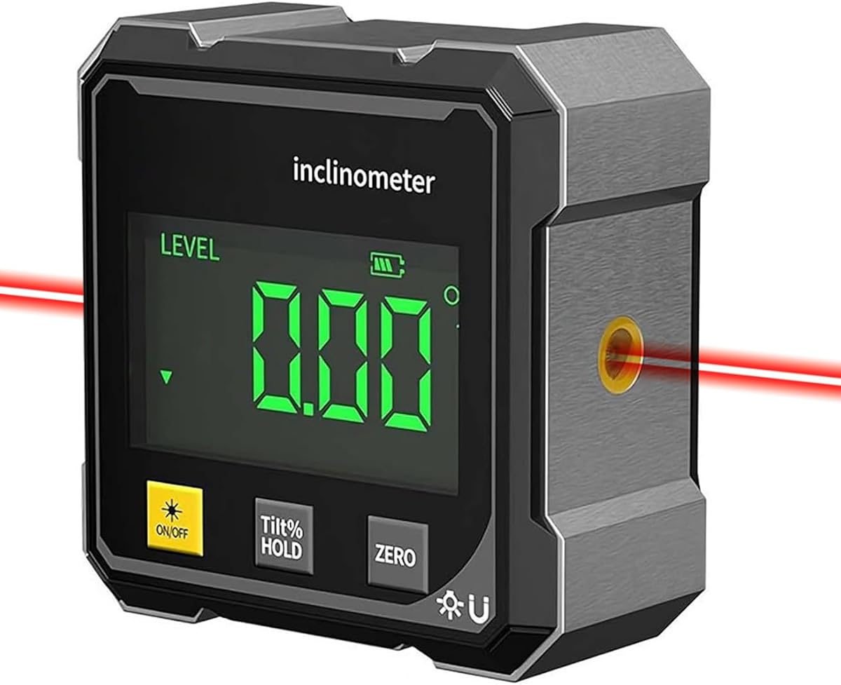 Inclinómetro digital con buscador de ángulos láser, herramienta transportadora, 4 × 90° de alta precisión, pantalla LED grande, base magnética, recargable por USB, para carpintería, metalurgia, construcción y bricolaje