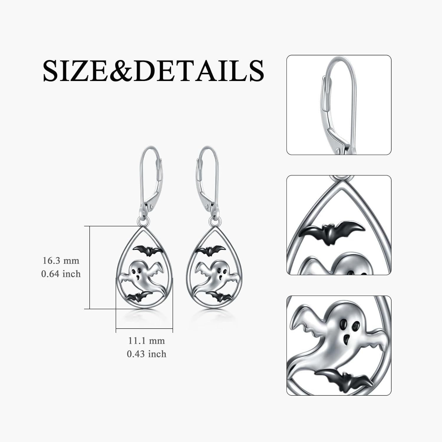 Ghost Earrings 925 Sterling Silver Halloween Spooky Dangle Earrings Black Bat Jewelry Gift for Women