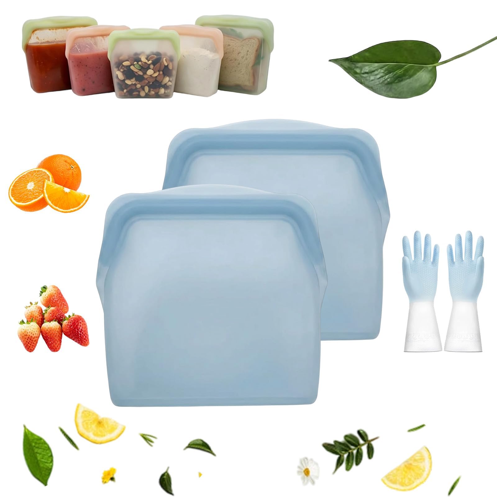 Everbag Silicone Storage, Everbag Silicone Food Storage Bags, Reusable Silicone Storage Bags, Leak-Proof Upright Freezer Bags, Odor-Proof, High-Temperature Resistant (600ml,Bule 2pcs)