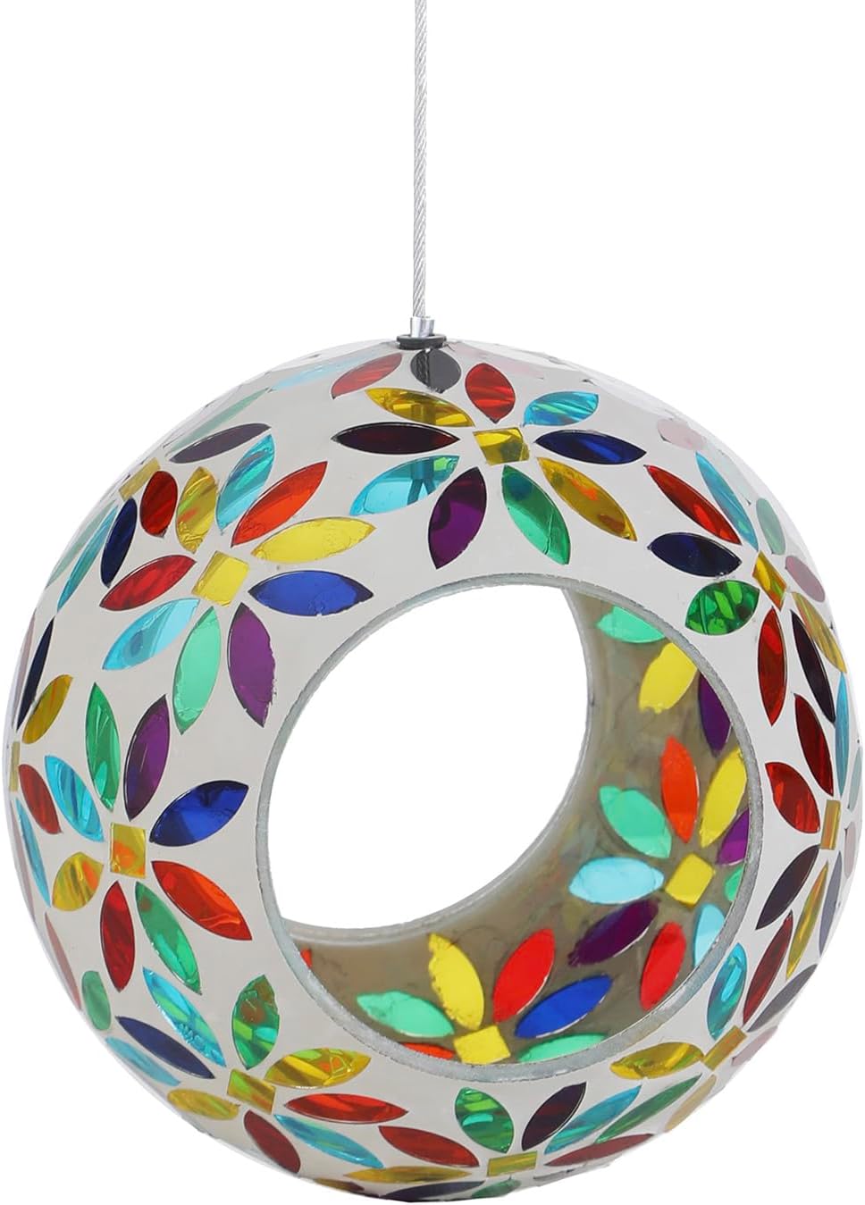 VOREEN Mosaic Glass Bird Feeder, Handcrafted Hanging Fly-Through Feeder for Outdoor Garden & Backyard, Decorative Wild Bird Feeder with Steel Wire Cable, Mosaic Colorful Flowers