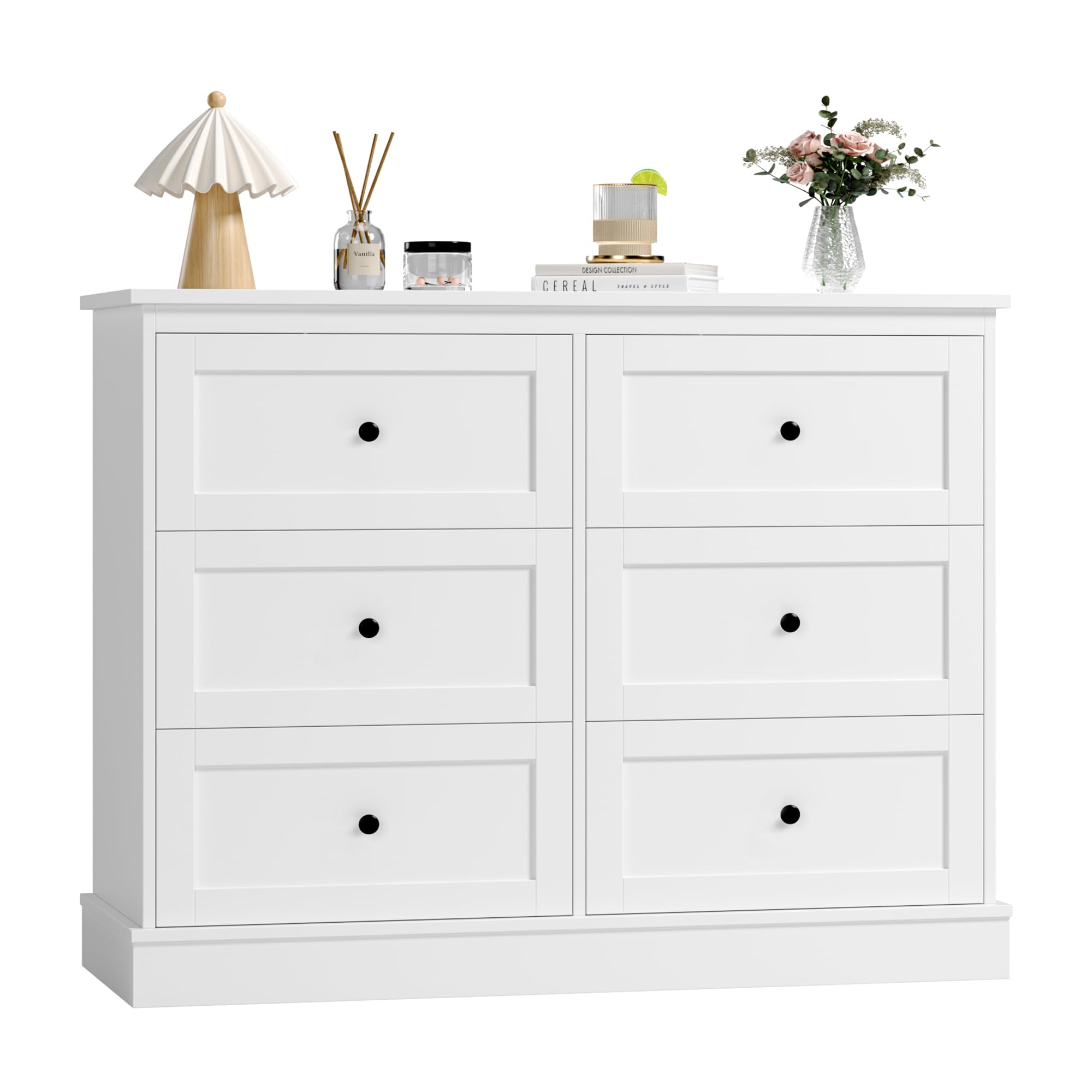 FOREHILL Commode avec 6 Tiroirs, Commode Chambre Adulte avec Poignée, Blanc | Armoire rangement chambre, 108x40x87cm, 6 tiroirs spacieux à vêtements, Base surélevée, Pour salon entrée, Style moderne