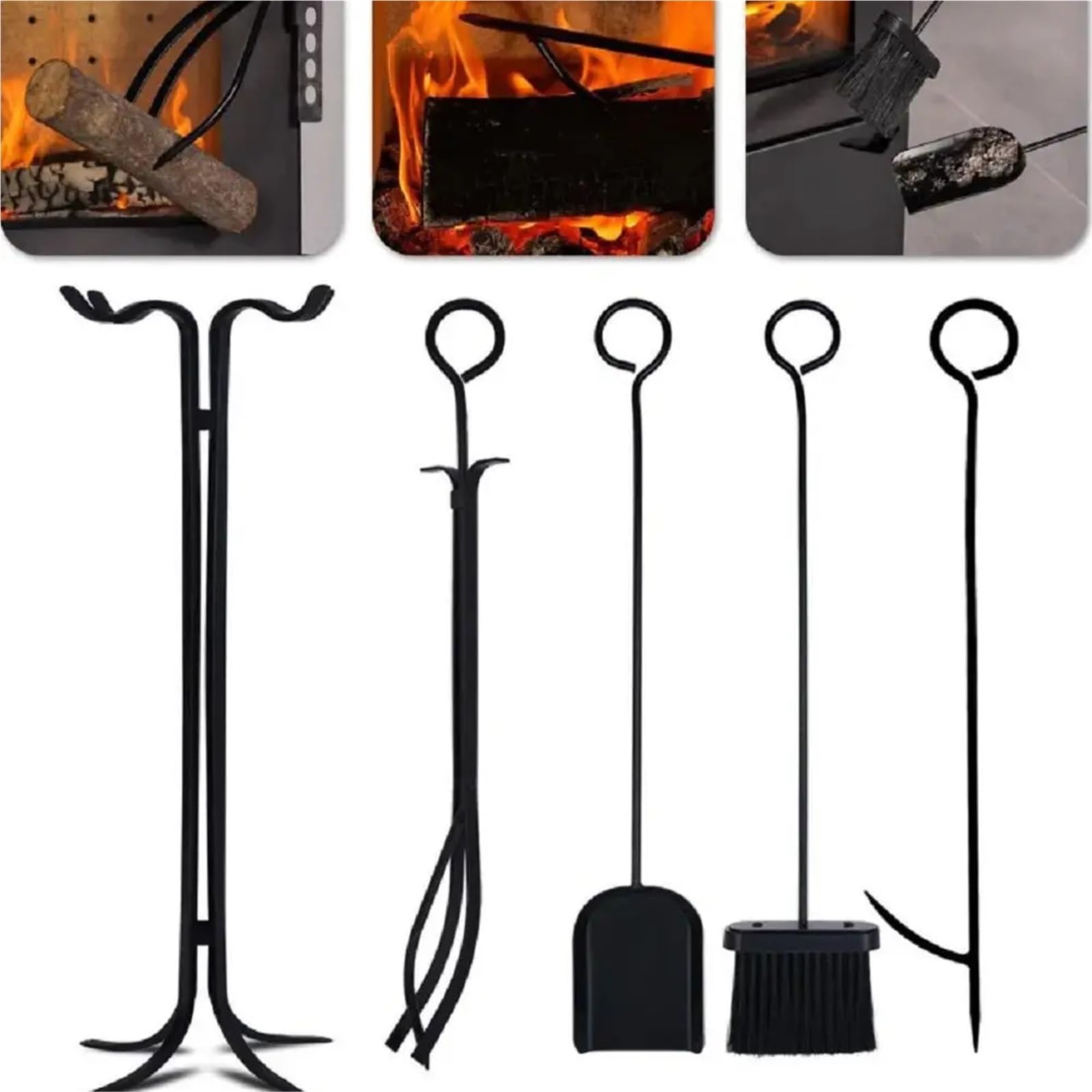 Juego de Limpieza de Chimenea de Hierro Forjado de 5 Piezas. Incluye Pala para Cenizas, Escoba, recogedor y Pinzas. Herramientas específicas para Chimenea. Color Negro. Estilo B.
