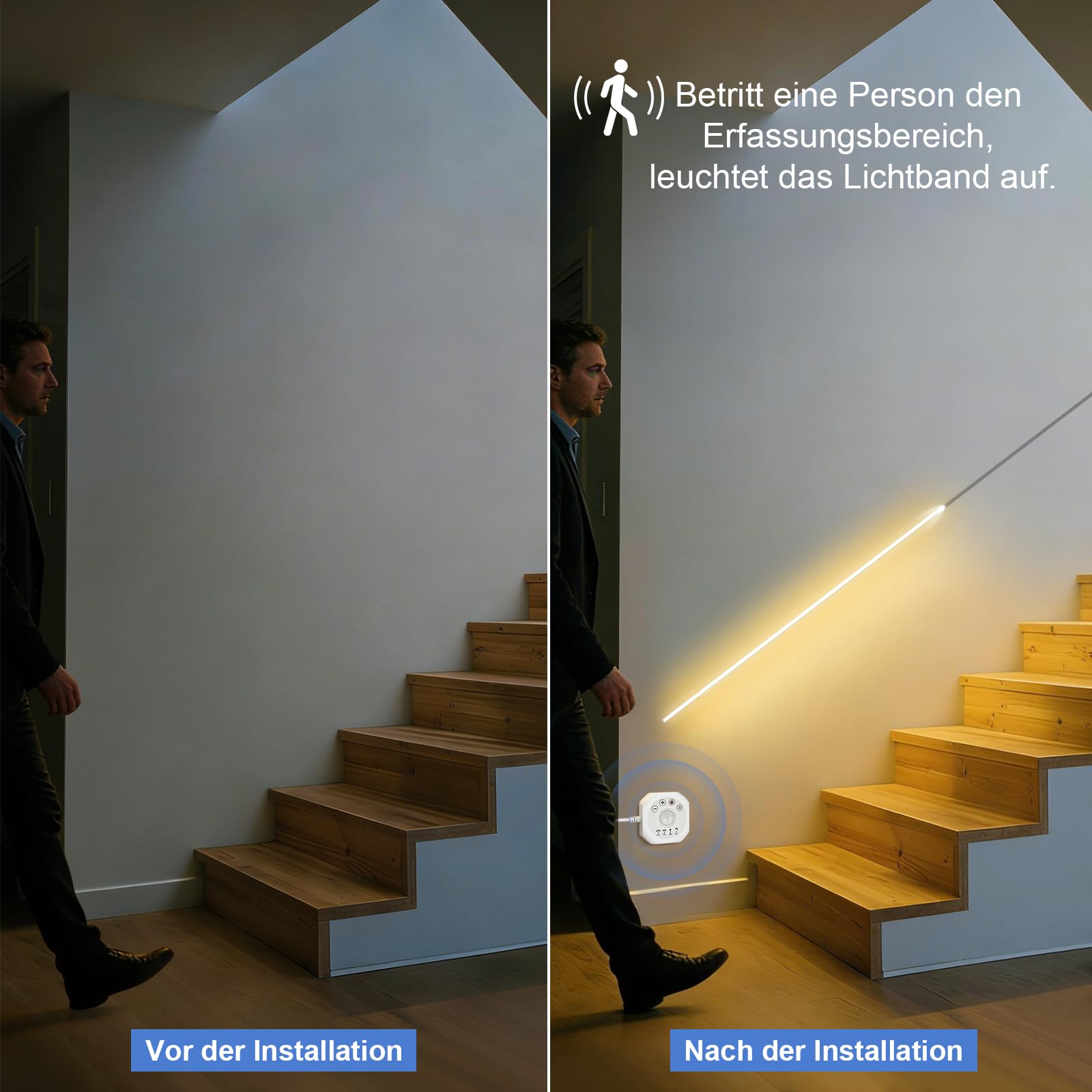 AIMENGTE COB LED Streifen, 5 m Warmweiß LED Treppenbeleuchtung mit Bewegungsmelder, Ausgestattet mit Zwei Beleuchtungsmodi, für Unterschränke, Küche, Treppen, Schlafzimmer