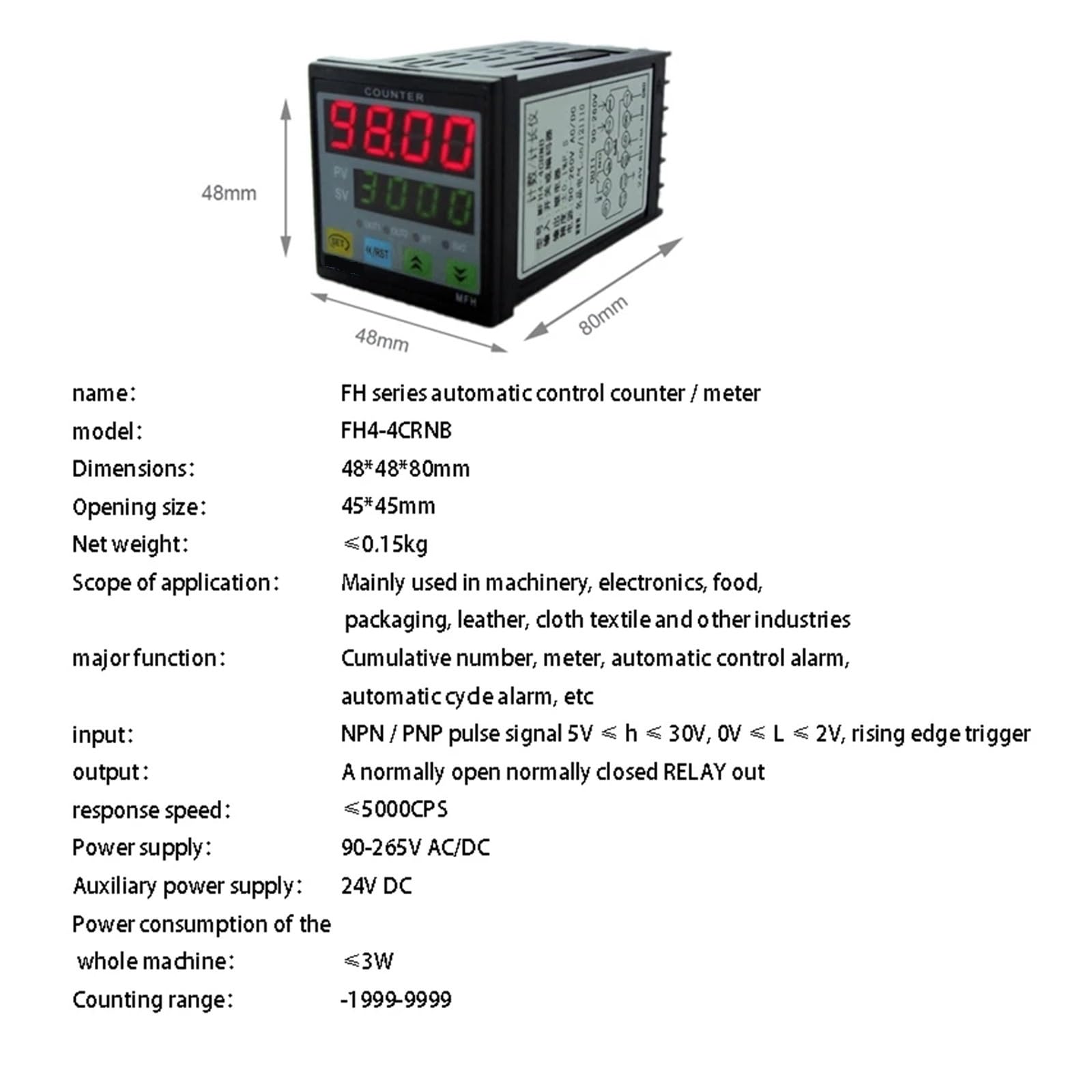 Zählerlängenzähler, 4 digitale multifunktionale 90–260 V AC/DC voreingestellte Relaisausgänge