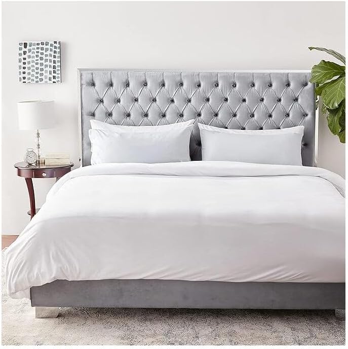 HomeStock Velvet Upholstered Bed with Stainless Steel Frame & Tufting Grey/King