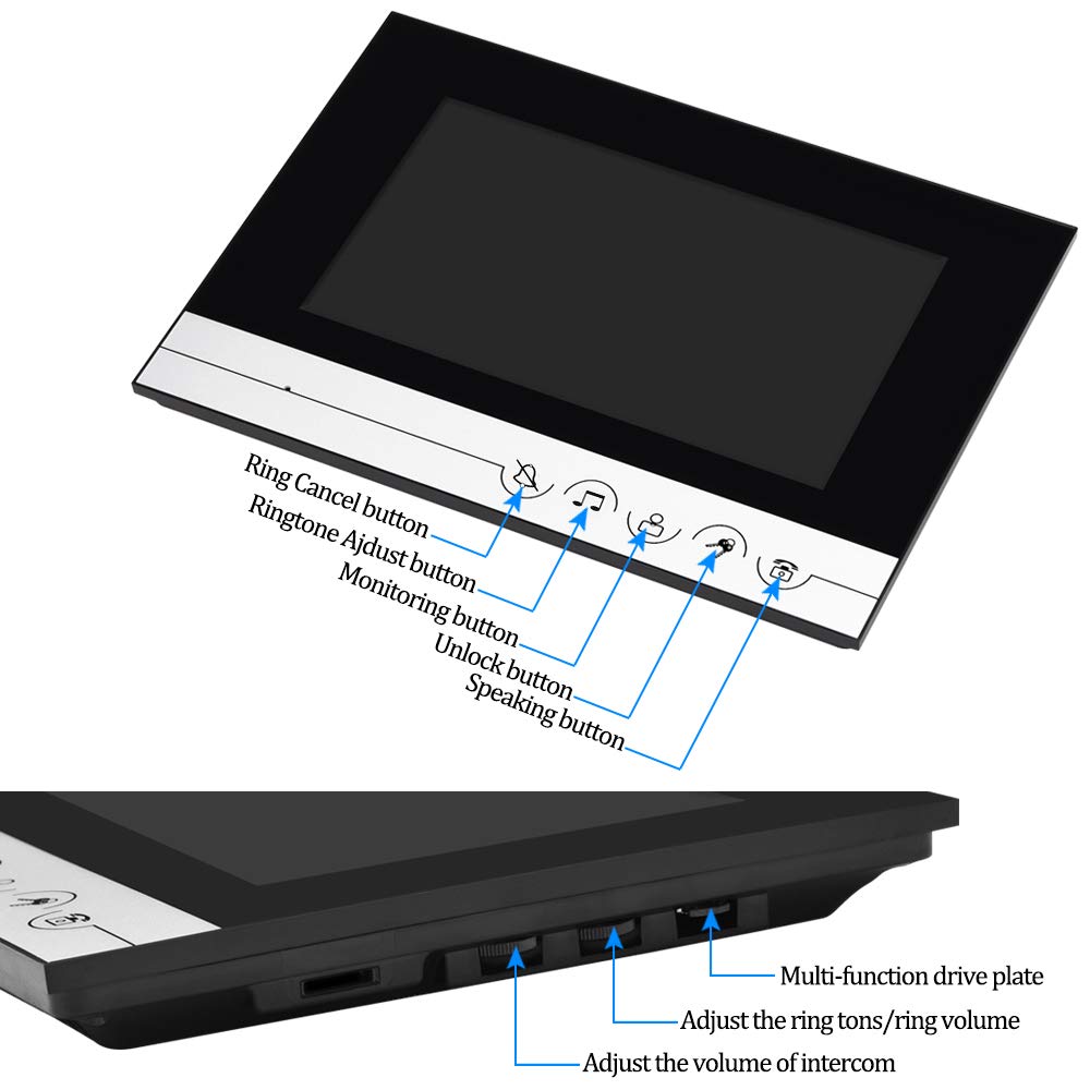 Videocitofono RFID 7 '' TFT Color IR Telecamera da Esterno CMOS con Campanello in Metallo Impermeabile Monitor 700TVL + 5pcs ID utente Telecomando per Casa (2 Monitor della 1 Fotocamera)