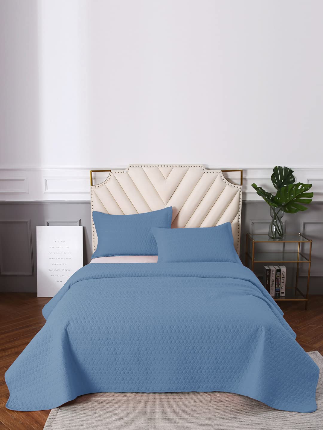 URBAN DREAM Fashion Abstract Quilted Circles Solid Light Blue Bedspread-image-48