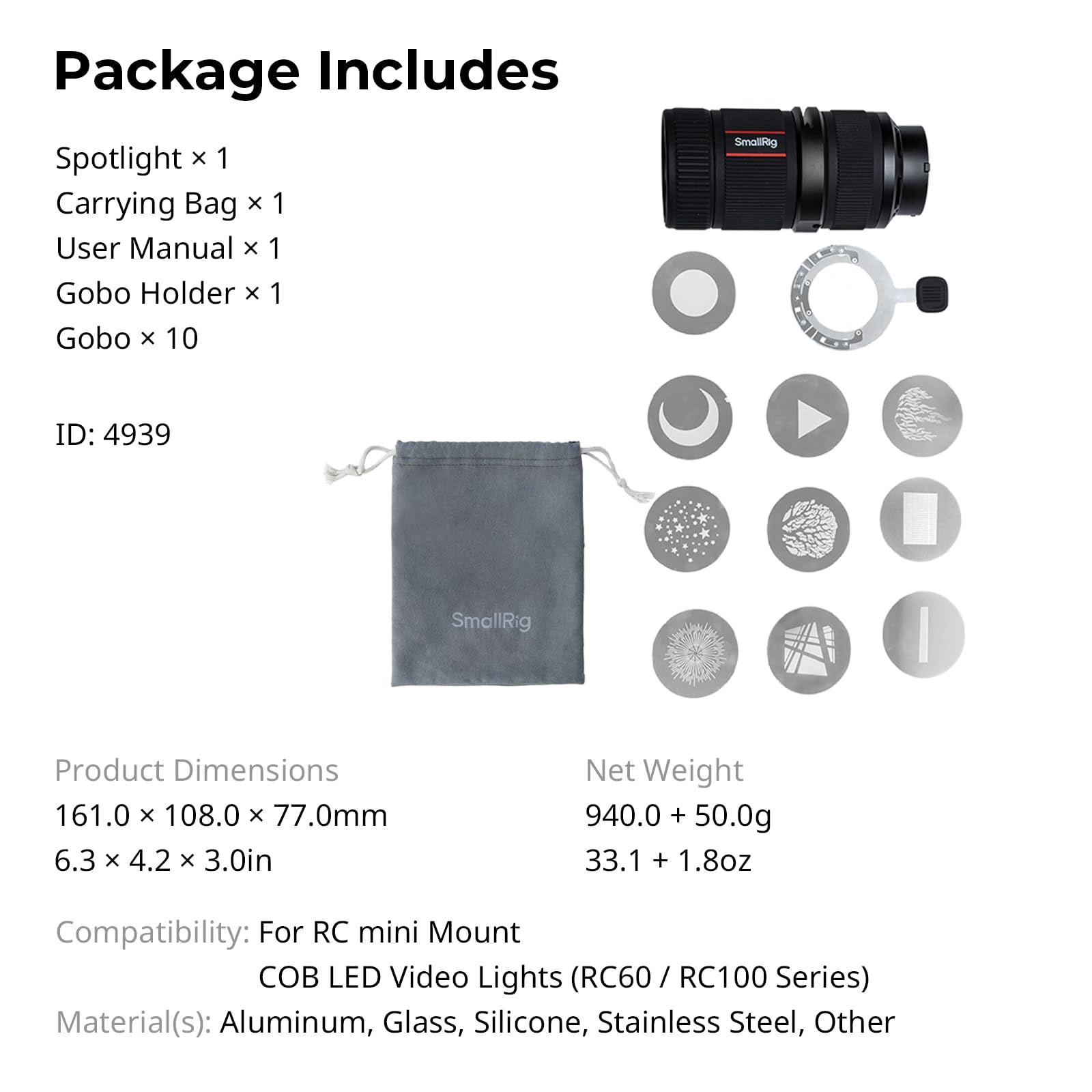 SMALLRIG SP-Mini Spotlight 4939 Accessorio per illuminazione video con supporto RCmini, angolo del fascio 20°, lente rivestita a 6 strati 4939