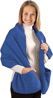 Cozy Fleece Wrap Shawl With Large Front Pockets - Keeps Hands and Shoulders Warm During Cold Winter Season, Royal Blue