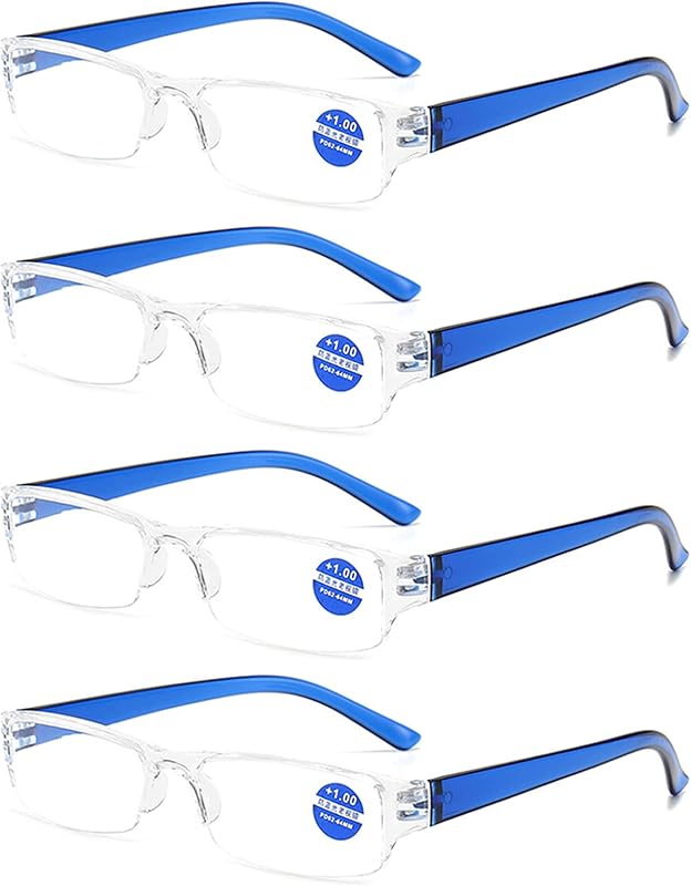 KoKoBin 4 pacco Occhiali da lettura ultraleggeri anti luce blu con montatura trasparente (4 blu, 2.5)