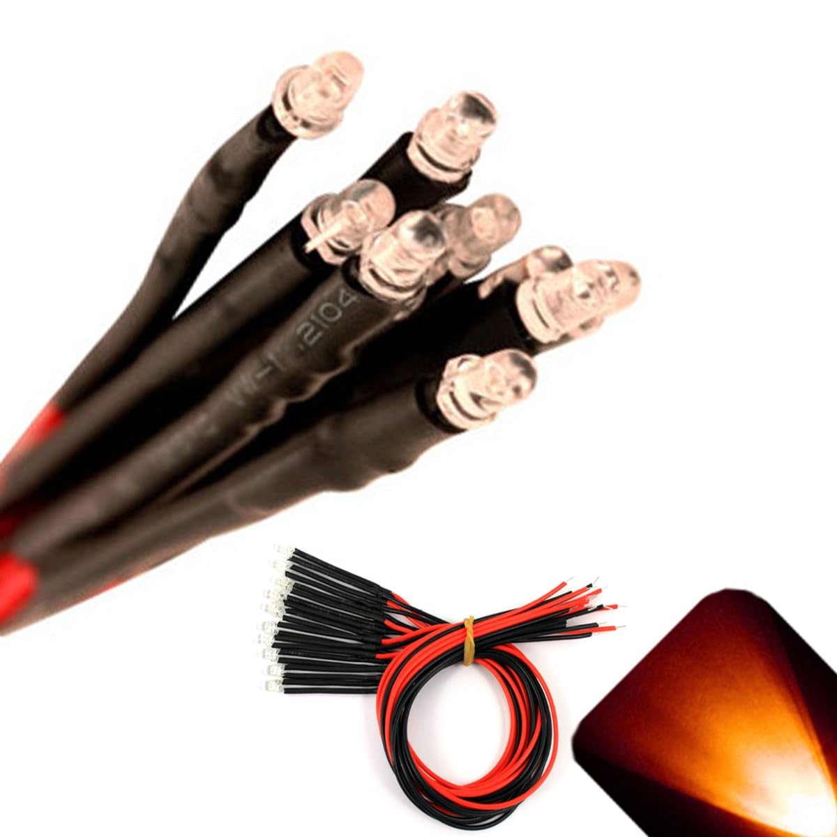 100 x 12V 3mm Pre-Wired Flickering Orange LED - Candle Flame Effect Clear Lens - Built-in Resistor for Halloween Props Lanterns Costumes