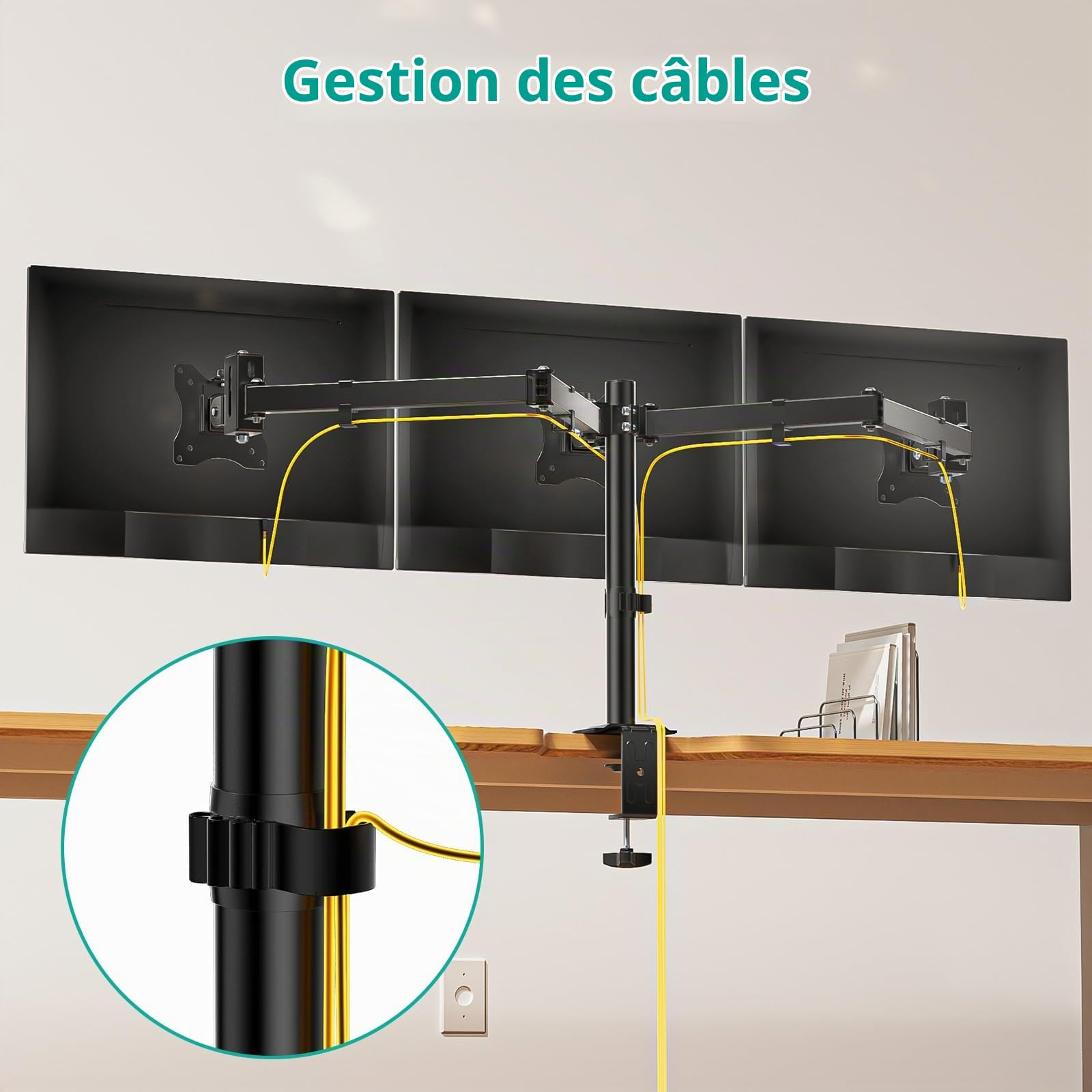 WALI Support Triple Moniteur, Support Robuste pour écrans de 13 à 27", Support de Bureau réglable pour 3 moniteurs avec Pivot, Inclinaison, Rotation, Pince et œillet (M003SN), Noir