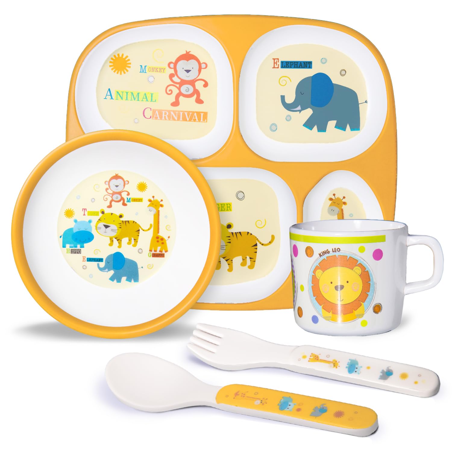 5-Piece Kids Melamine Dinnerware Set – Plate, Bowl, Cup, Fork & Spoon – BPA-Free, Durable & Lightweight Cartoon Set for Toddlers (tool cart)