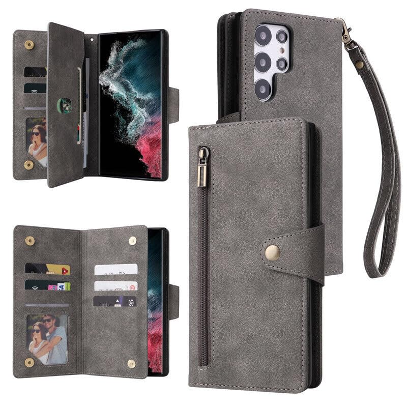 Étui en cuir gris avec rabat magnétique durable pour iPhone et Samsung Galaxy S20
