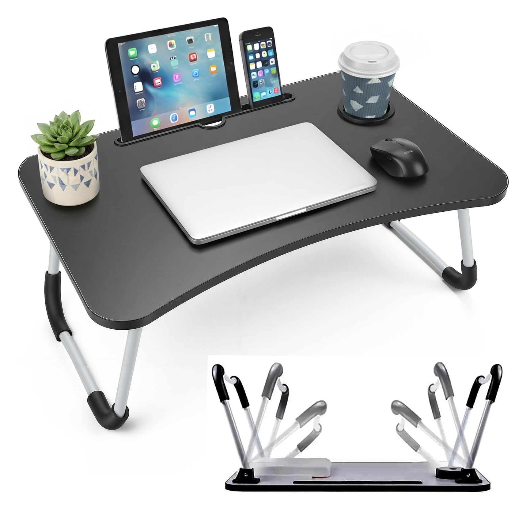 LKH Foldable Laptop Table with Tablet Holding Slot - 60×40×28 cm Portable Bed Tray with Drink Holder, for Bed, Sofa & Desk - Lightweight Folding Bed Desk with Anti Slip Legs