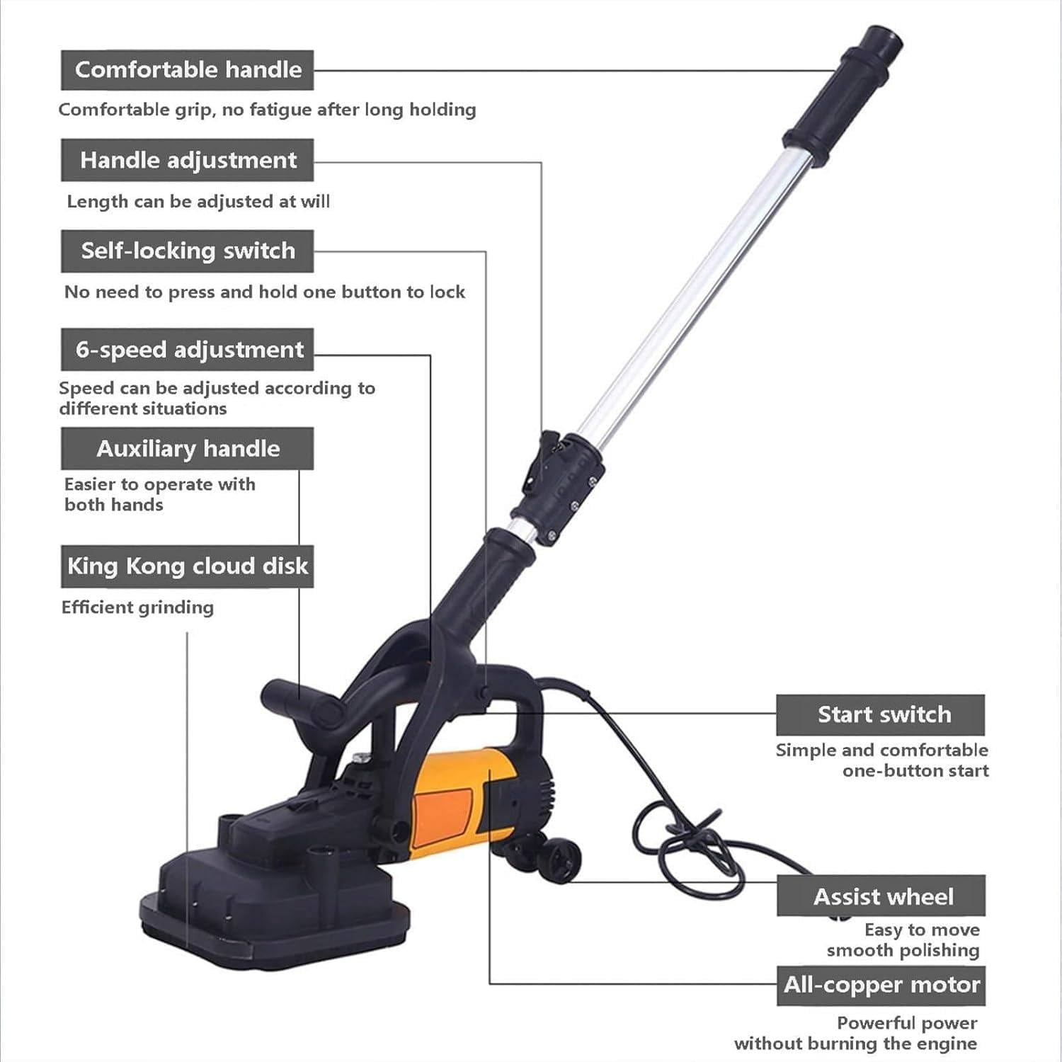 Kit de pulidora de hormigón, pulidora eléctrica de Suelos de 3800 W, 6 velocidades Ajustables, con Barra de extensión, lijadora Manual para pulir y desincrustar Metales.