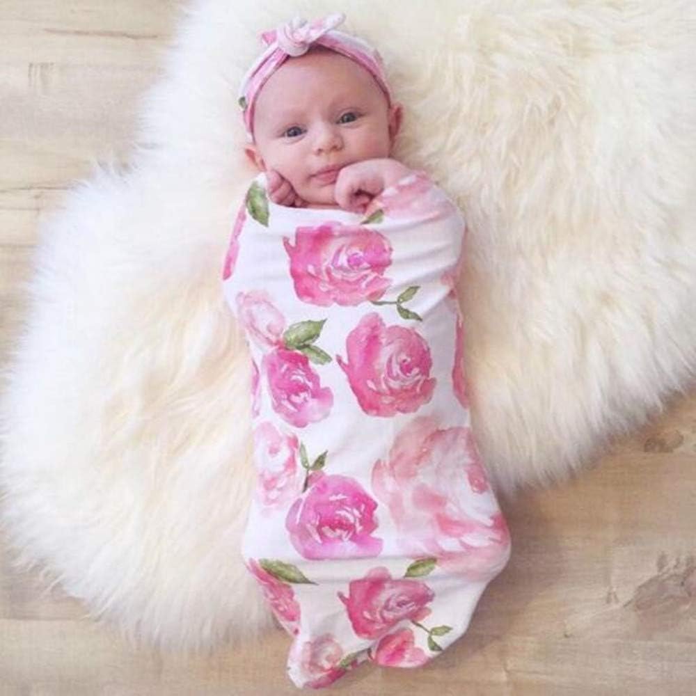Hixixi Newborn Baby Swaddle Blanket and Headband/Hat Value Set Receiving Blankets for Newborn Boy or Girl Personalized Baby Gifts (Pink Flower)