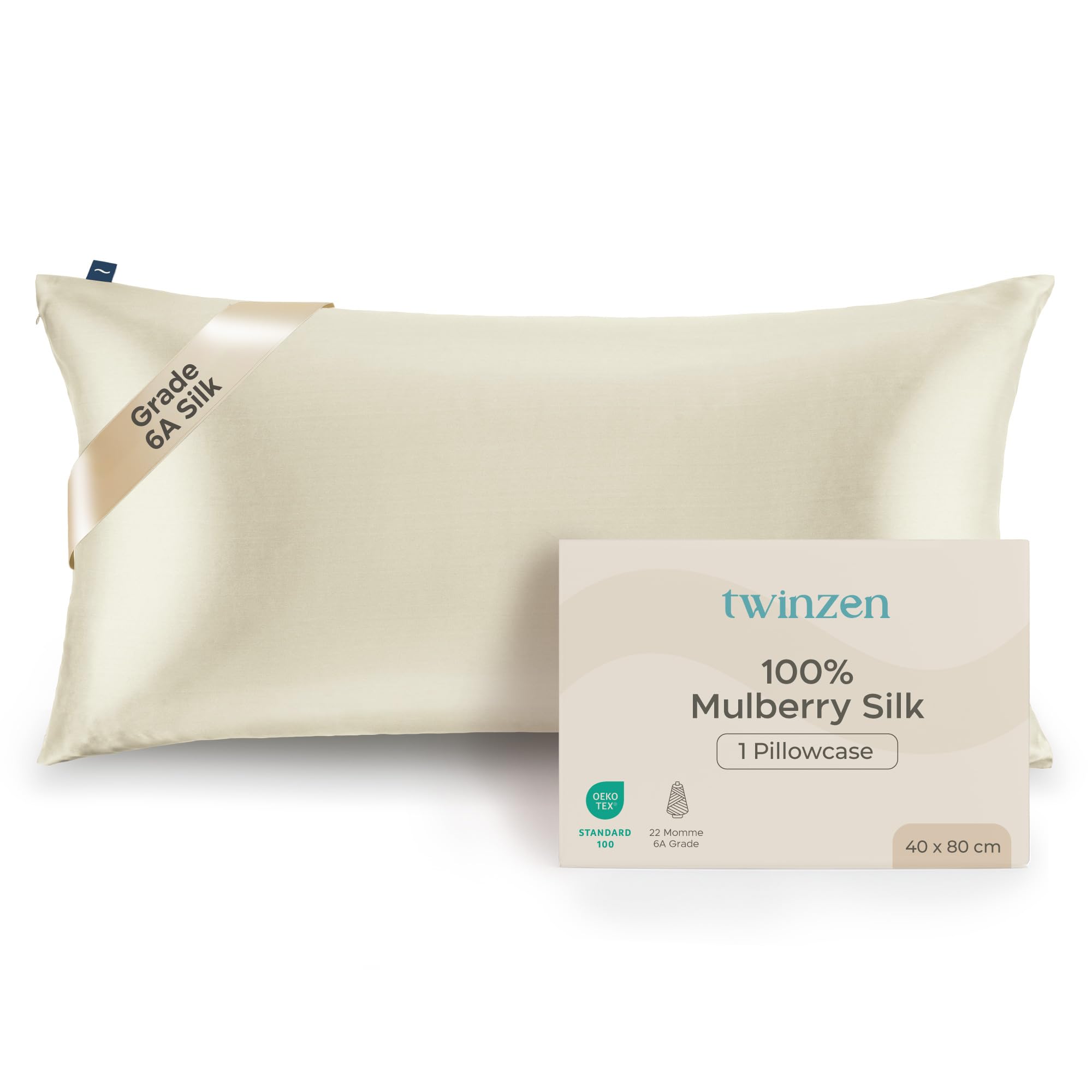 Poszewka na poduszkę Twinzen 100% jedwabna – Oeko-Tex – 22 Momme, klasa 6A, do włosów i skóry – poszewka na poduszkę jedwabna, 1 sztuka – biała, 40 x 80 cm