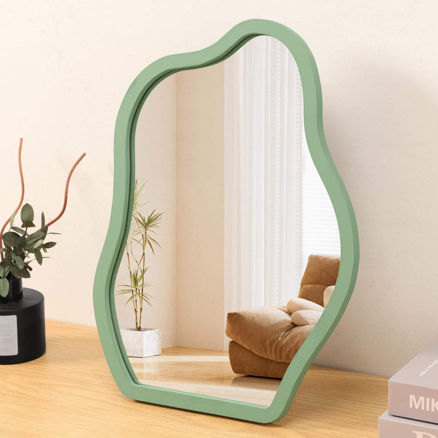 Lzuso Girls Olive Makeup Desk Mirror With Wood Framed Portable Vanity Table Mirrors Free Standing High-Definition Countertop For Dresser Living Room Bedroom Office