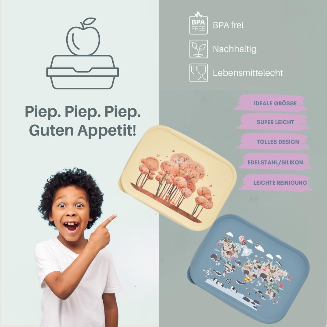 Jenard Brotdose & Trinkflasche Set für Kinder – Edelstahl Lunchbox mit Trennfach & auslaufsichere Thermoflasche – BPA-frei – Creme/Tiere im Wald