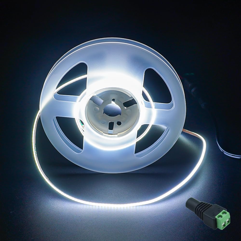 JBdusn 12V COB LED Streifen 6500K, 5m Flexibel Hohe Dichte 2mm Breite LED Strip 480LEDs/m Schneidbar LED Licht Band Selbstklebend fürSchlafzimmer Küche DIY Beleuchtungsprojekt(Ohne Netzteil)