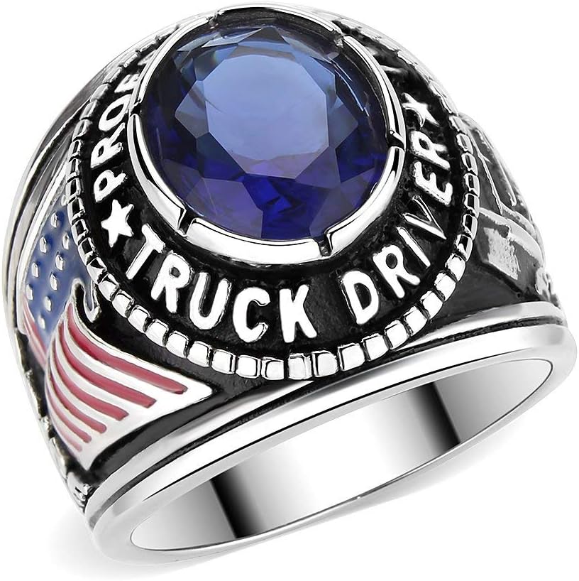 Men's Stainless Steel Montana Blue Stone Professional Truck Driver Ring