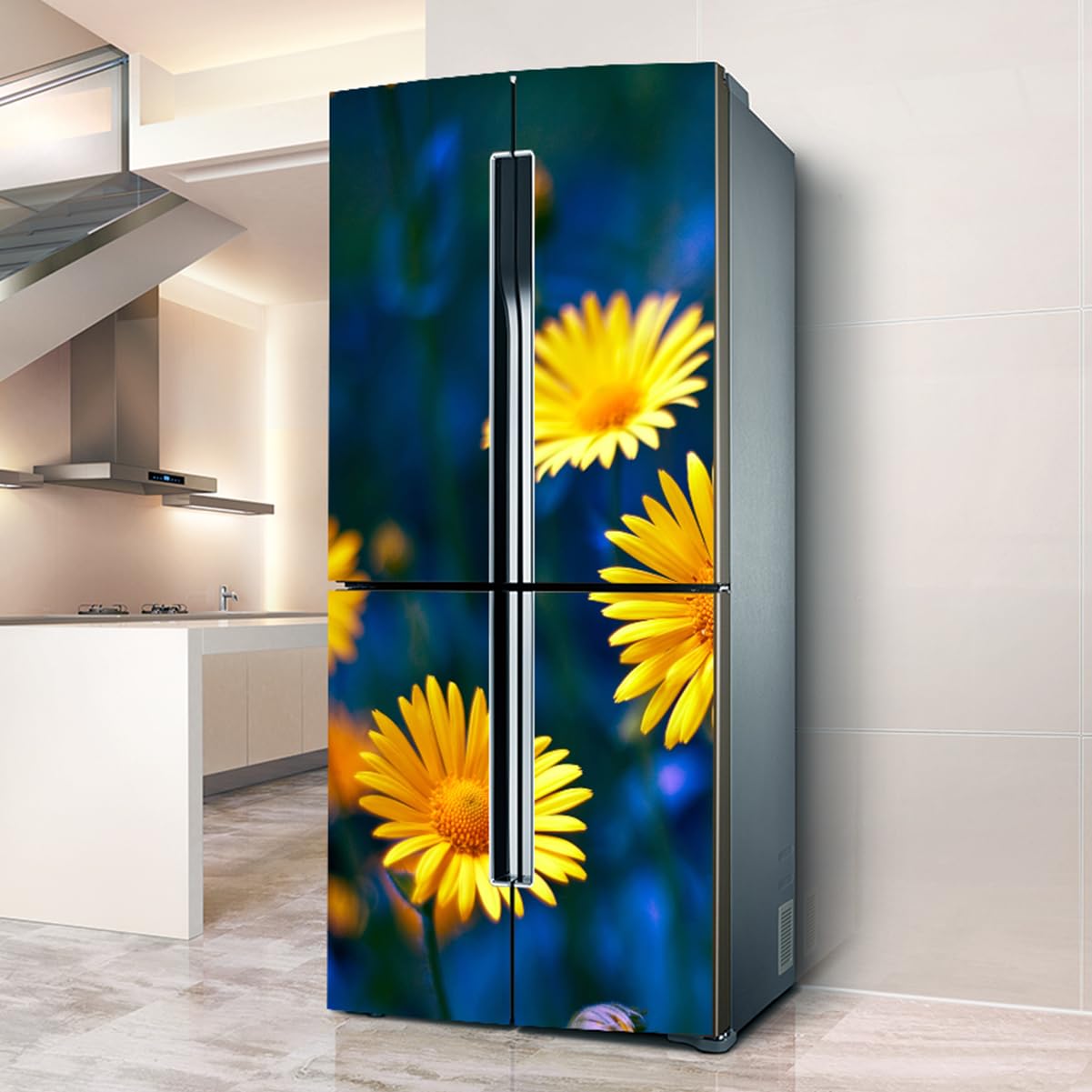 Fridge Stickers, Fridge Sticker Full Covering Door Covers Decor, Freezer Skins Wall Stickers for Kitchen Decal, Yellow Wild Chrysanthemum(L: 100x180 cm)