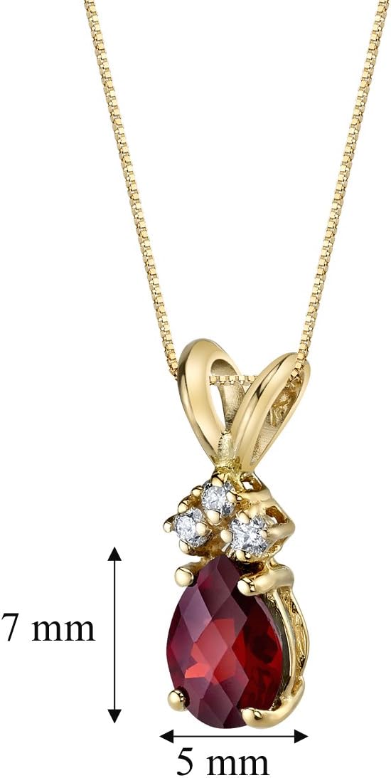 PEORA 14K Yellow Gold Garnet and Diamond Pendant, Genuine Gemstone Teardrop Solitaire, Pear Shape, 7x5mm, 1 Carat total, Valentines Gift for Women, Valentine's Gift for Her, Wife, Sister