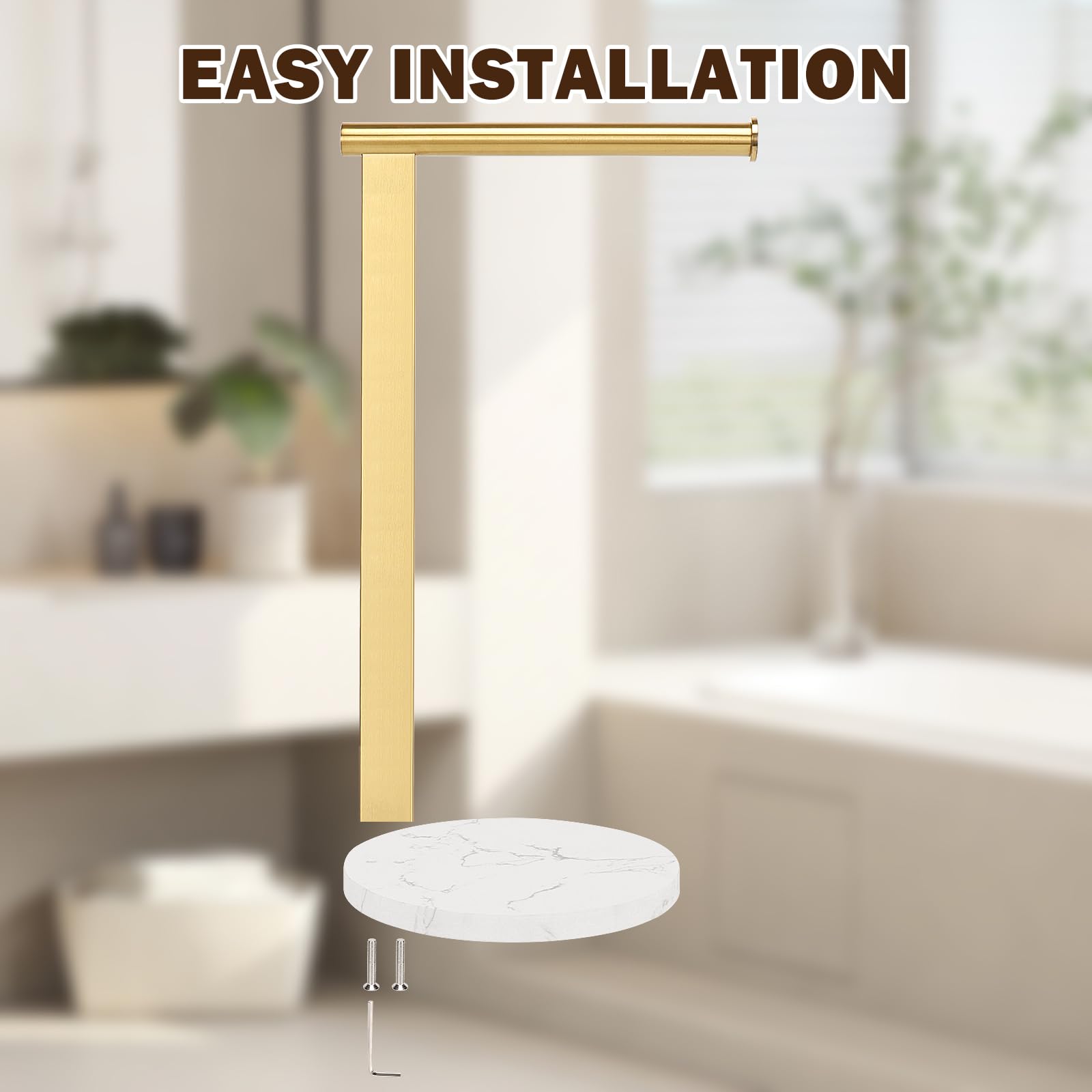 Toallero para toallas de mano para baño, toallero de pie en forma de L, organizador de encimera de tocador o cocina, material de acero inoxidable SUS304, base de mármol, dorado