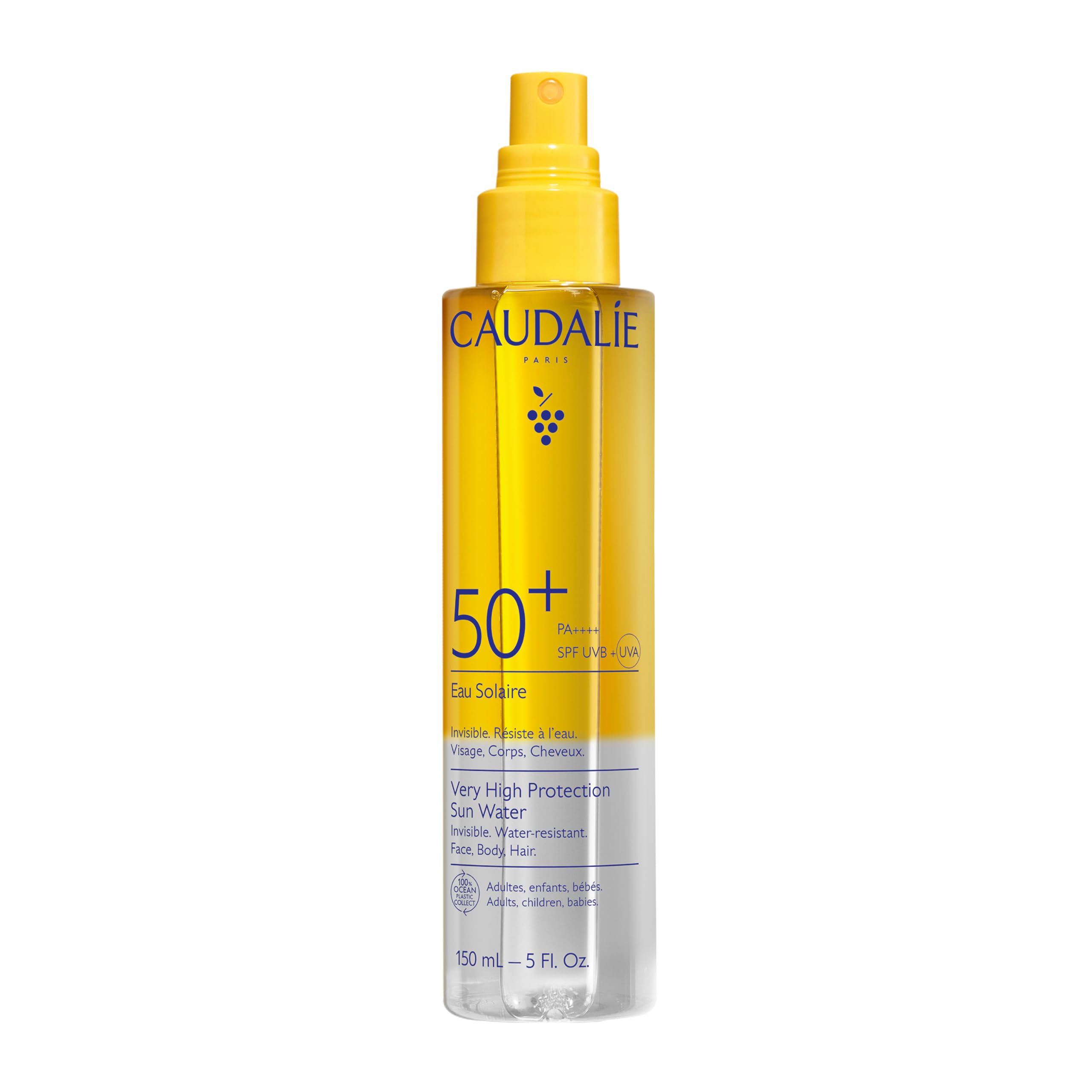 Caudalie Acqua Solare ad Altissima Protezione SPF50+ – CollagenSkinProtect™, Filtri Solari Organici, Viso Corpo e Capelli, Resistente all'Acqua, Vegano, PA++++, 150 mL