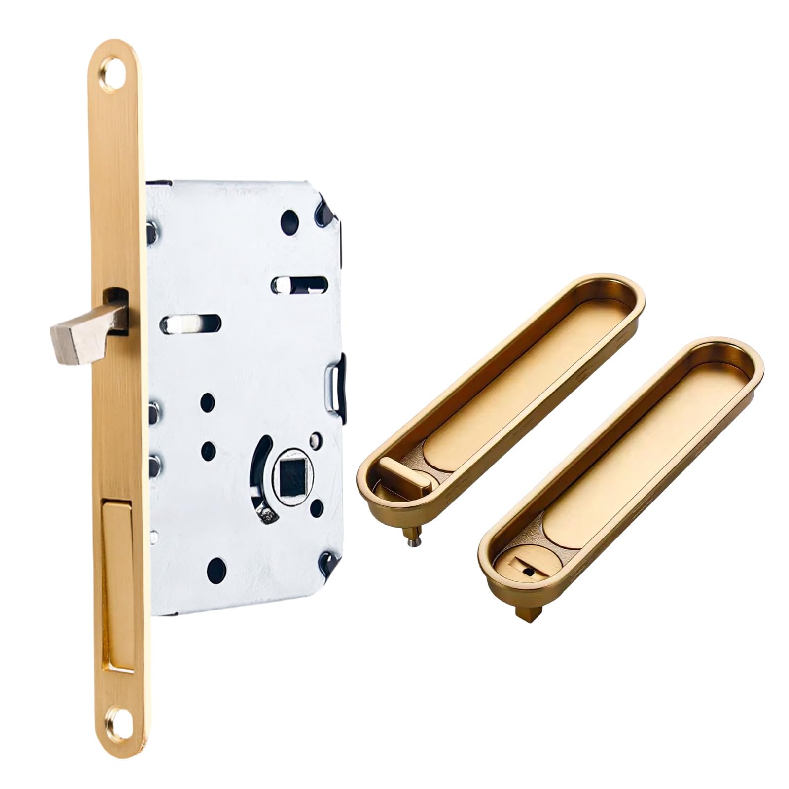 Cerradura de puerta deslizante de bolsillo, manija deslizante empotrada interior, cerradura tipo gancho dorado cepillado, cerradura de puerta oculta para puerta de madera de cocina y baño