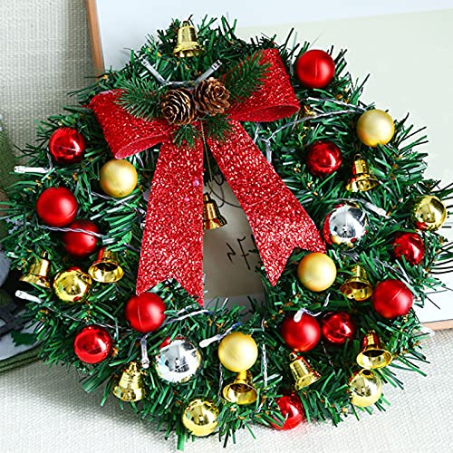 Corona de Navidad para Puerta de Entrada, ZQX Guirnaldas de Navidad con 20 Luces LED, 30cm Adorno de Guirnalda Artificiales con Bolas y Conos de Pino para Decoración de árbol, Pared, Hogar, Ventana Cover