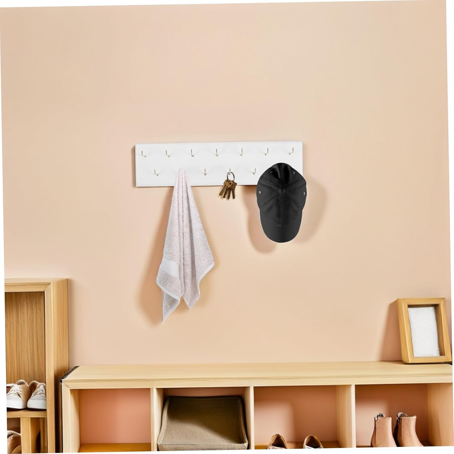 ABOOFAN Wooden Wall Mount Belt and Key Rack with 13 Hooks, White Non-Slip Wall Hanging Organizer for Entrance, Coat, and Bag Storage