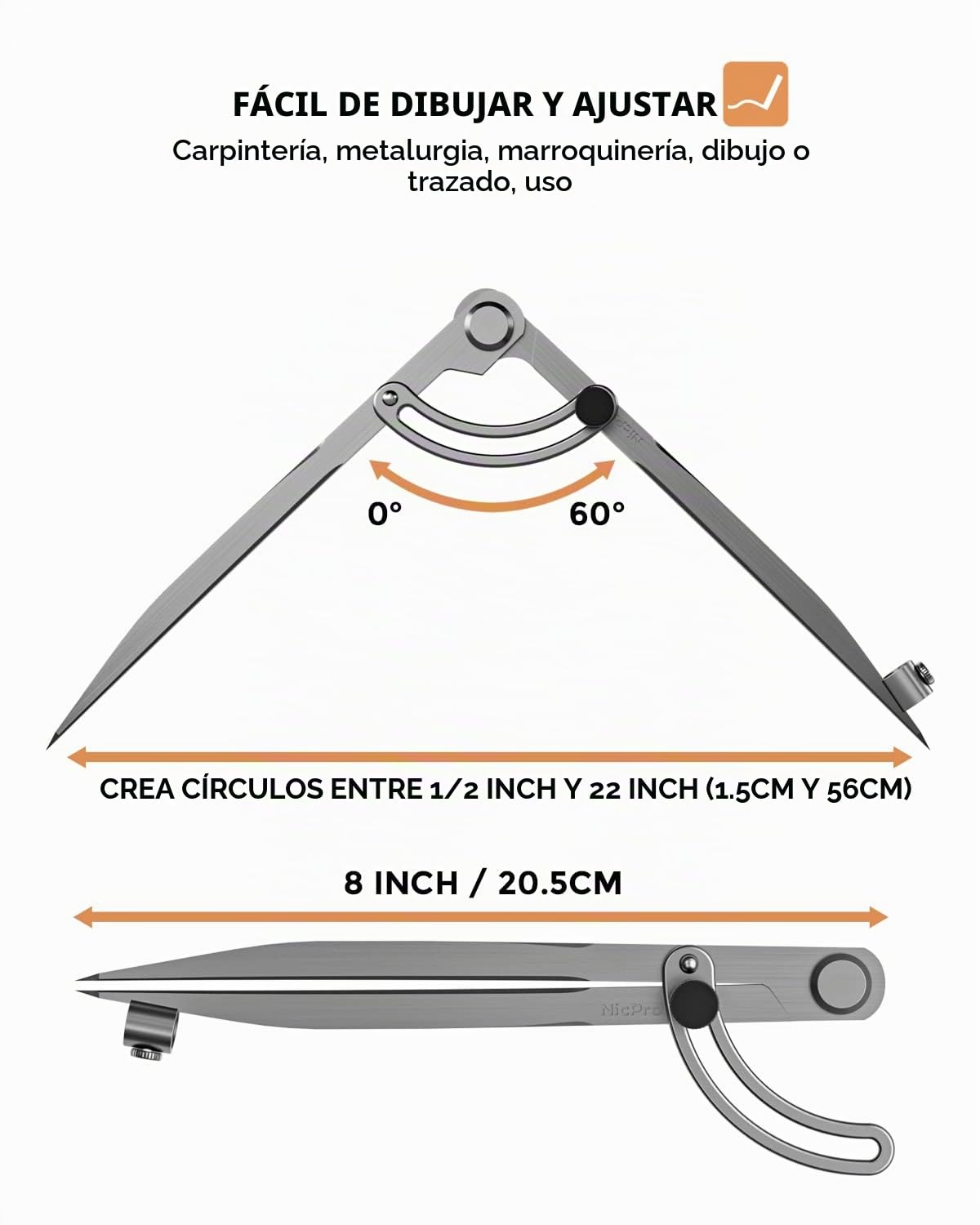 Nicpro Compás Profesional para Carpintería de 8 Pulgadas para Construcción de Ingeniería, Geometría, Dibujo