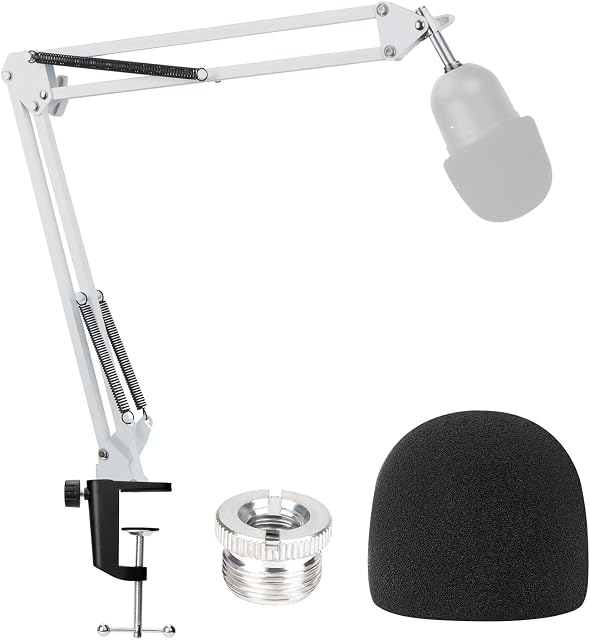 YOUSHARES White Mic Boom Arm Stand with Pop Filter - Mic Stand with Foam Cover Windscreen Compatible with Razer Seiren Mini Streaming Microphone