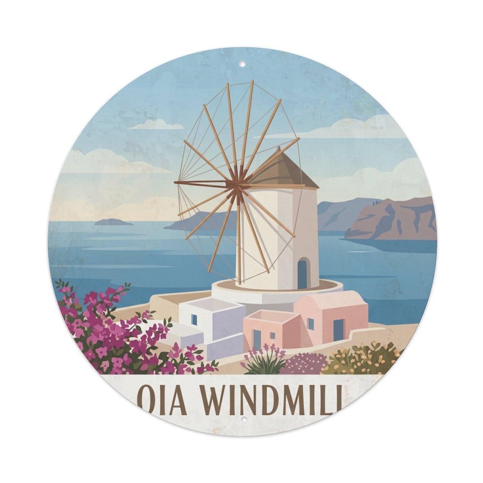 Galvaxio Style Vintage Travel Oia Santorini Windmill Metal Tin Sign