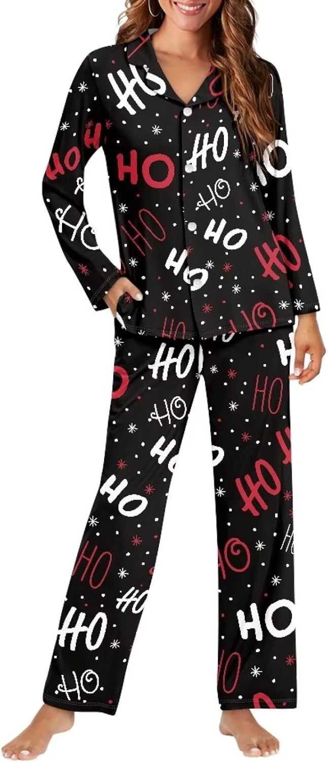 Christmas Matching Sets Women Clothing Casual Home Wear Long Sleeve Button Down Top and Pants Sleepwear 2Pcs Set