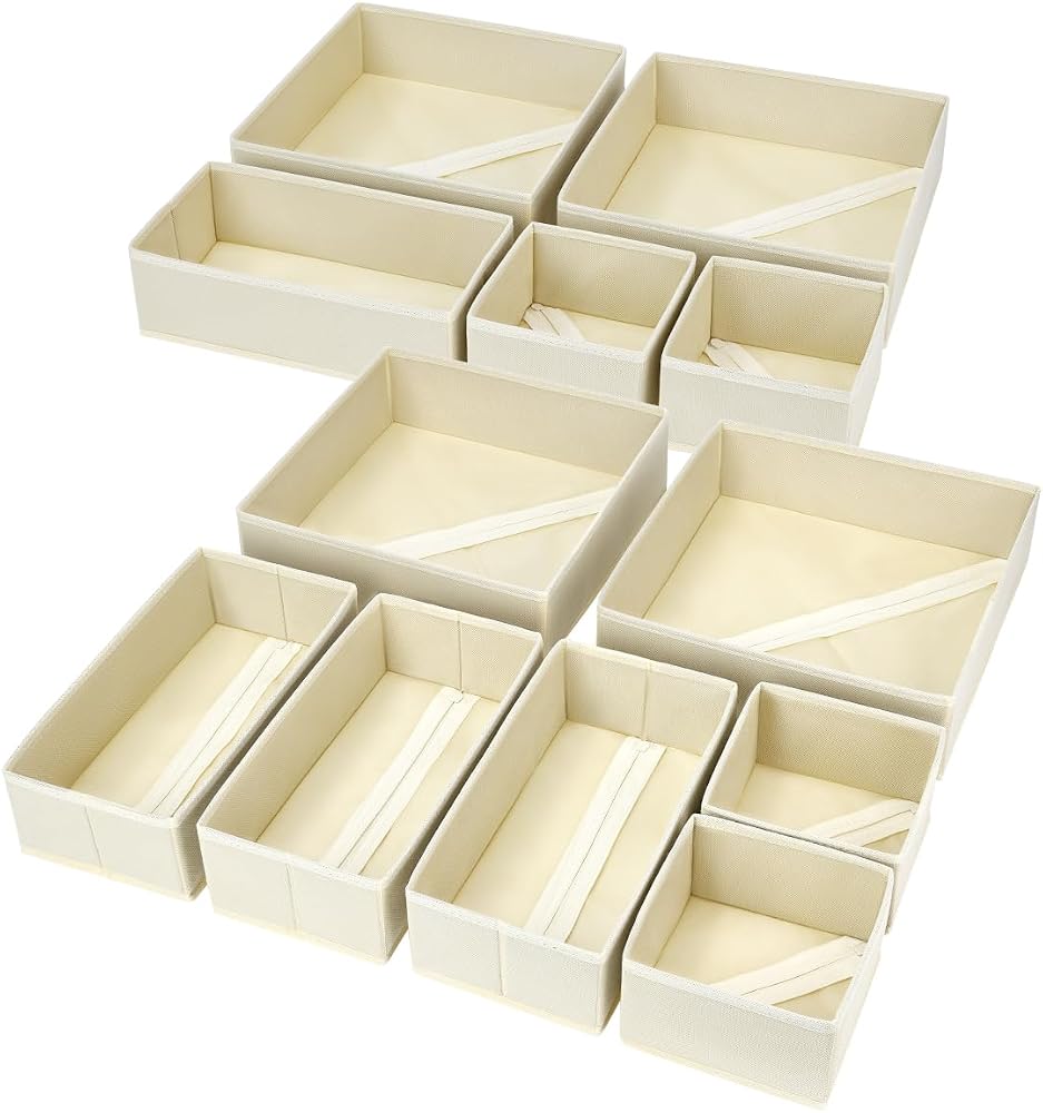 DIMJ Drawer Organizer Clothes, 12 Pack Dresser Organizer, Foldable Closet Organizers and Storage, Fabric Dresser Bins, Drawer Dividers for Nursery, Baby Clothes, Underwears, Sock (Beige)