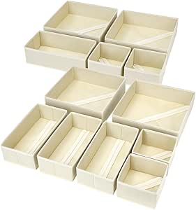 DIMJ Drawer Organizer Clothes, 12 Pack, Foldable Closet Storage Bins, Beige