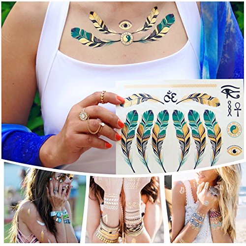 15 Sheet Metallic Temporary Tattoos - 300+ Shimmer Design Tattoo Gold ,Sliver and Black - Flowers, Elephants,Cross, Skull and Bracelets For Girls Kids Adult