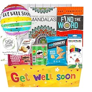 GET WELL GIFT Basket, package for Adults or kids Men, women, boy or girl Care package, Feel better soon for home or hospital, after surgery w/Balloon, candy & snacks & greeting card, Sympathy Gift